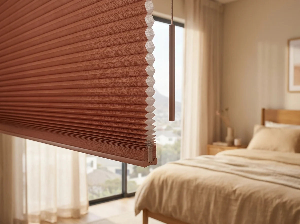 Cellular honeycomb blind in clay tone half-drawn over a bedroom window in a Kuils River family home, hexagonal cell structure visible at the fold