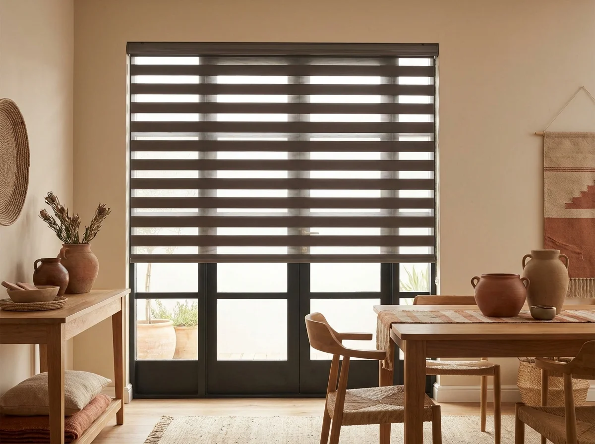 Day-night zebra blind with alternating sheer and solid clay-toned bands across a dining room window in a Kuils River family home