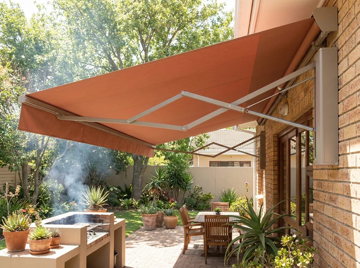 Retractable folding-arm awning in clay-terracotta tone extended over a Kuils River patio and braai area