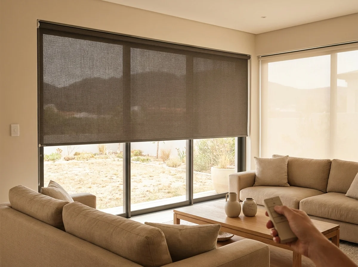Motorised roller blind rolling down by a quiet motor tube, remote control in hand, in a modern Kuils River family lounge
