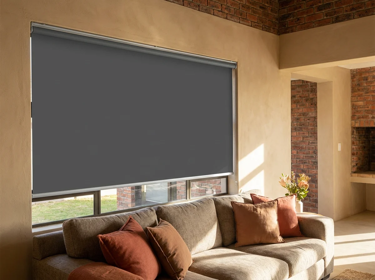 Flat charcoal blockout roller blind fully covering a wide lounge window in a spacious family living room in a 1980s Kuils River home, warm sand-toned interior
