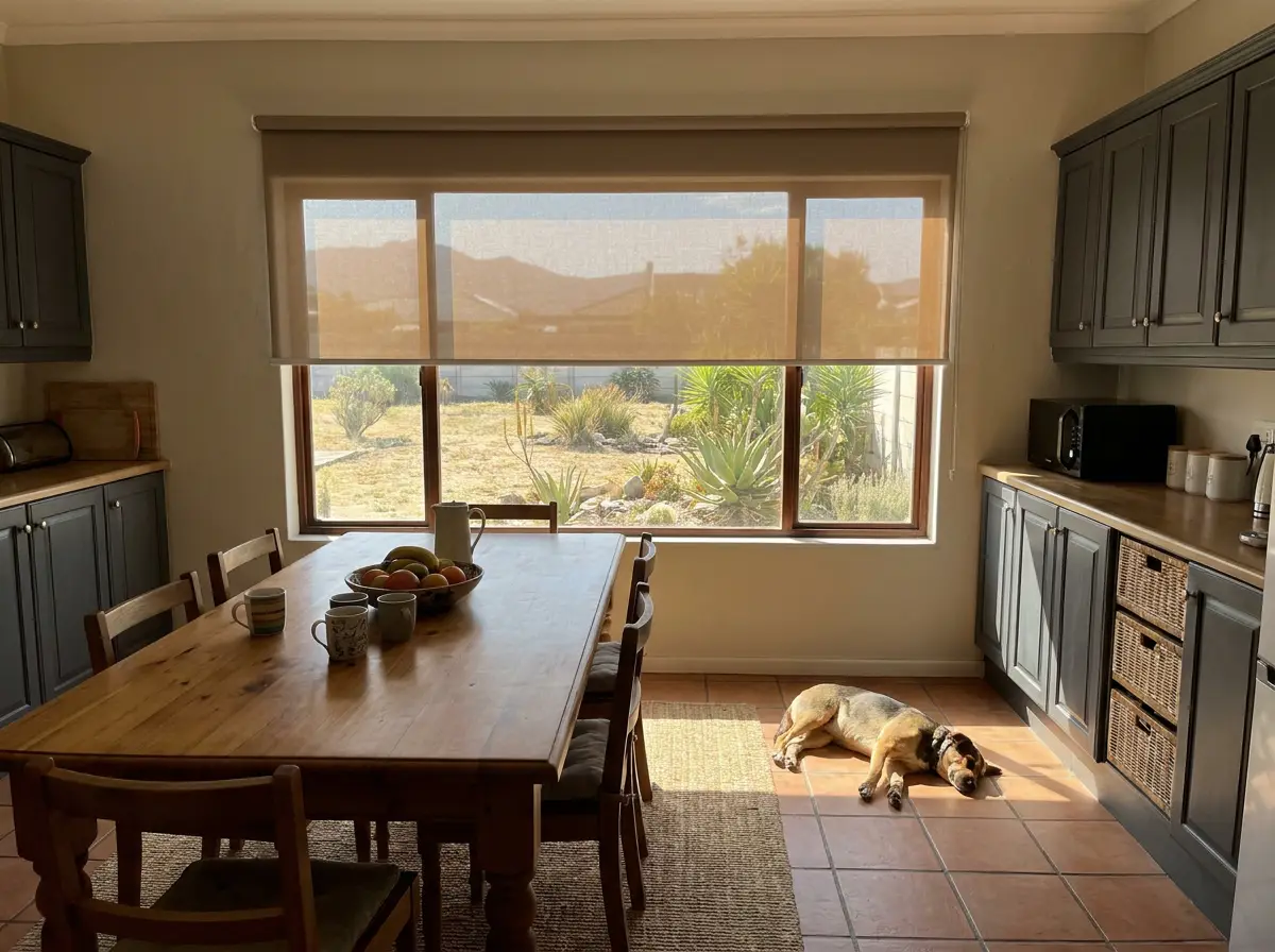 Kuils River farmhouse-style kitchen and dining area with a flat taupe roller blind covering a wide window overlooking a succulent garden, dog resting on terracotta tiles