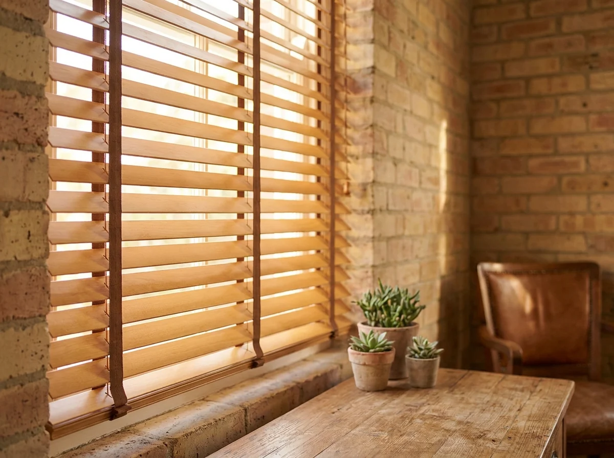 Warm honey-toned timber venetian blind slats tilted open over a study window in a character Kuils River home