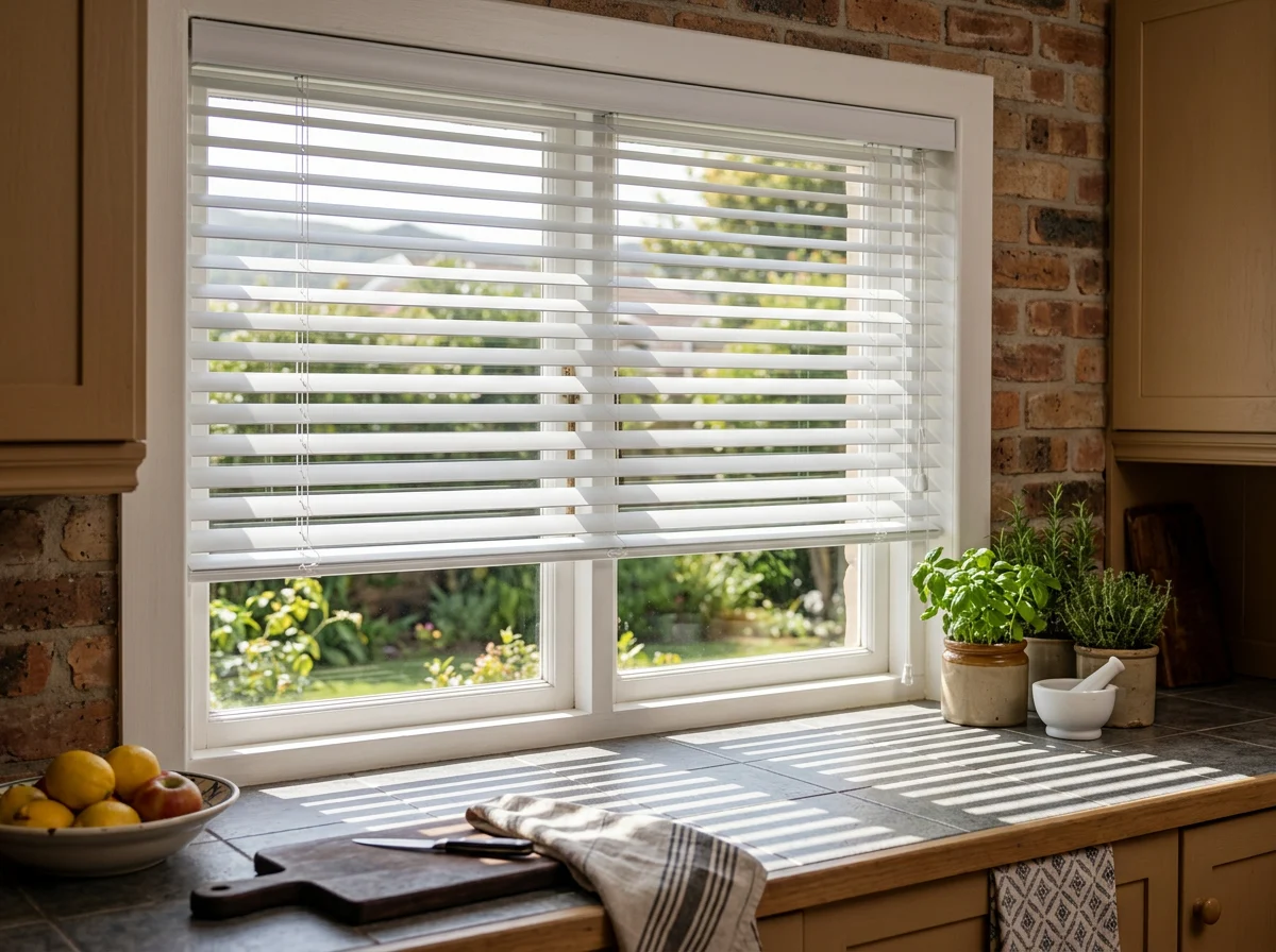 White 25mm aluminium venetian blind with slats tilted half-open over a kitchen window above the sink in a Kuils River family home, morning light striping the counter