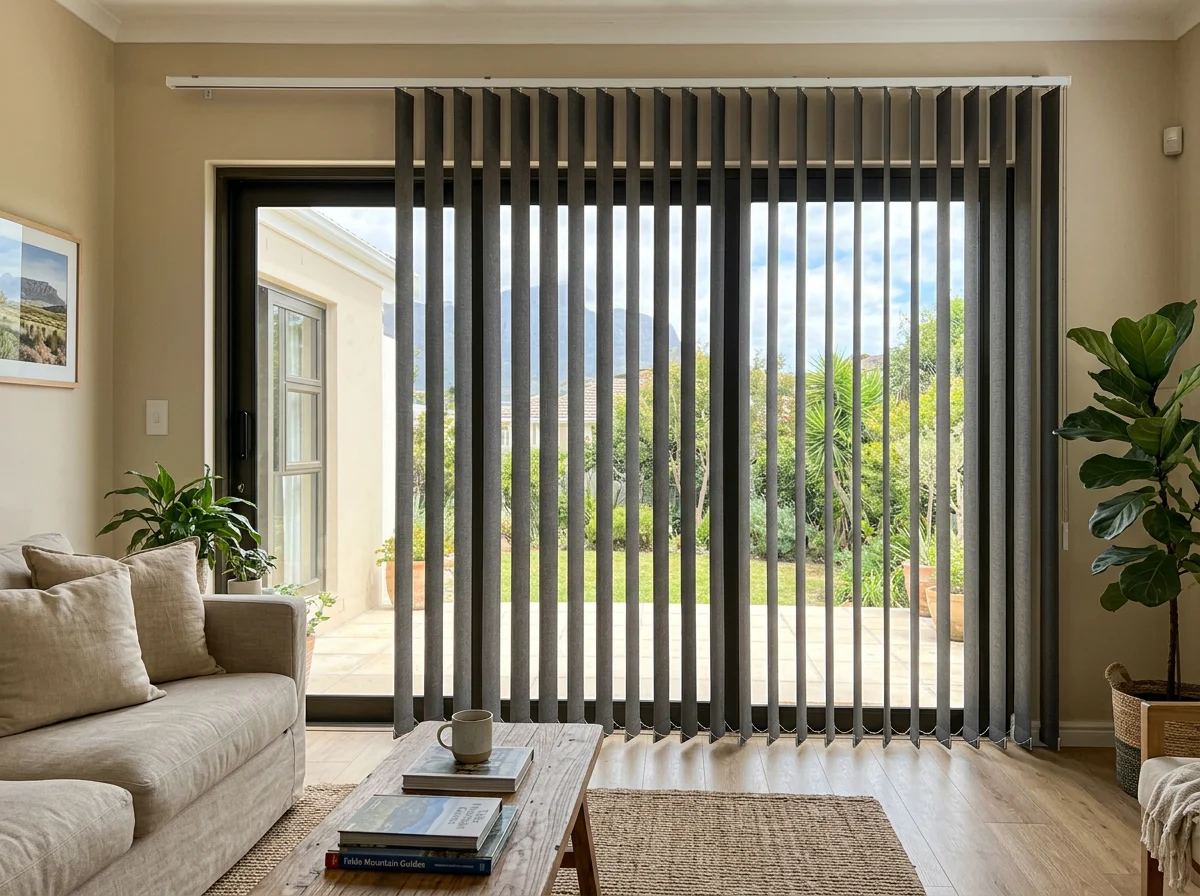 Warm-charcoal vertical blind vanes tilted open beside a wide sliding patio door in a Kuils River living room