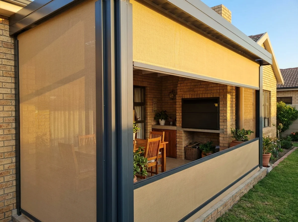 Zip screen in sunscreen mesh enclosing a patio braai room in a Kuils River home, fabric locked into aluminium side channels